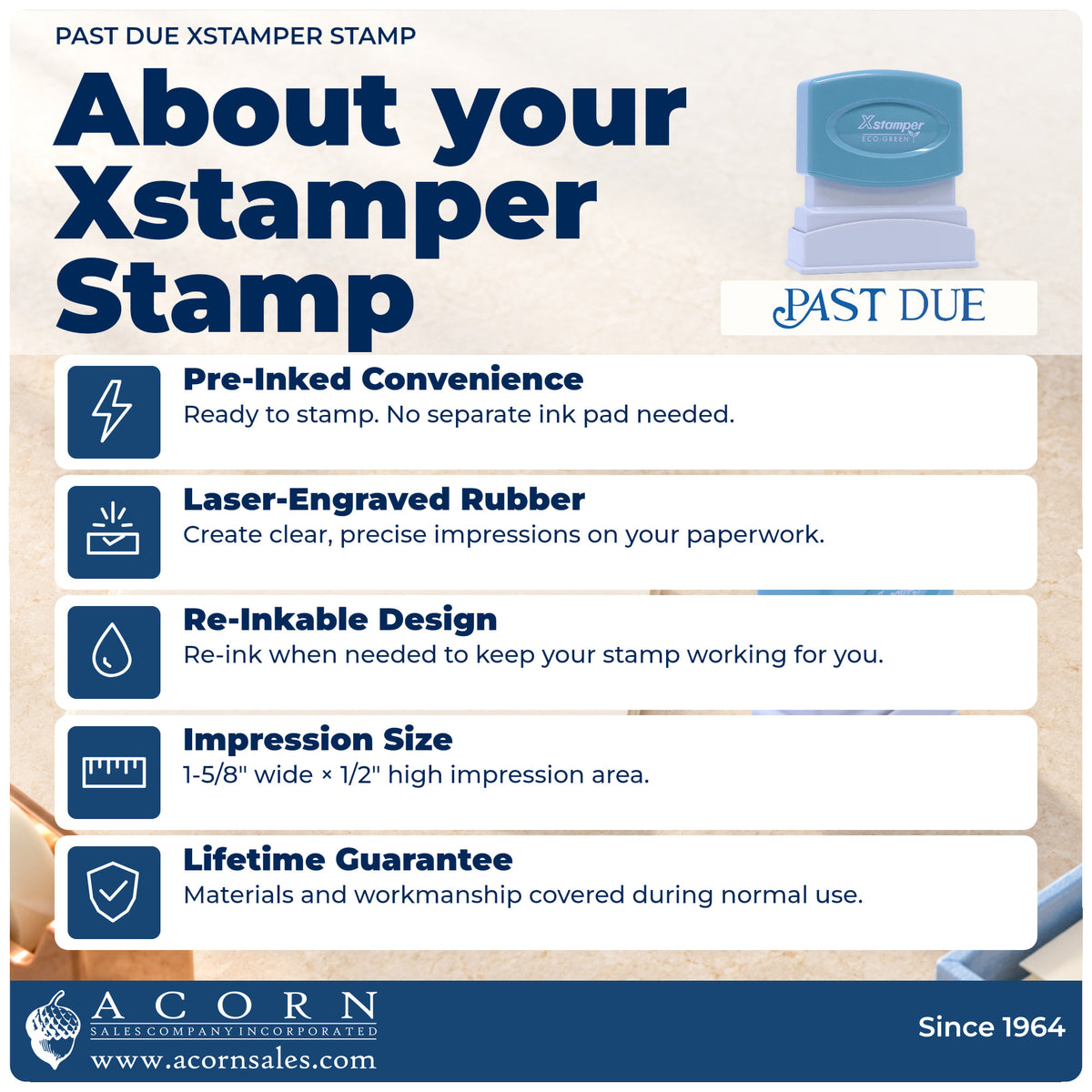 About your Xstamper Past Due Invoice Stamp: Xstamper 1157 pre-inked stock stamp facts