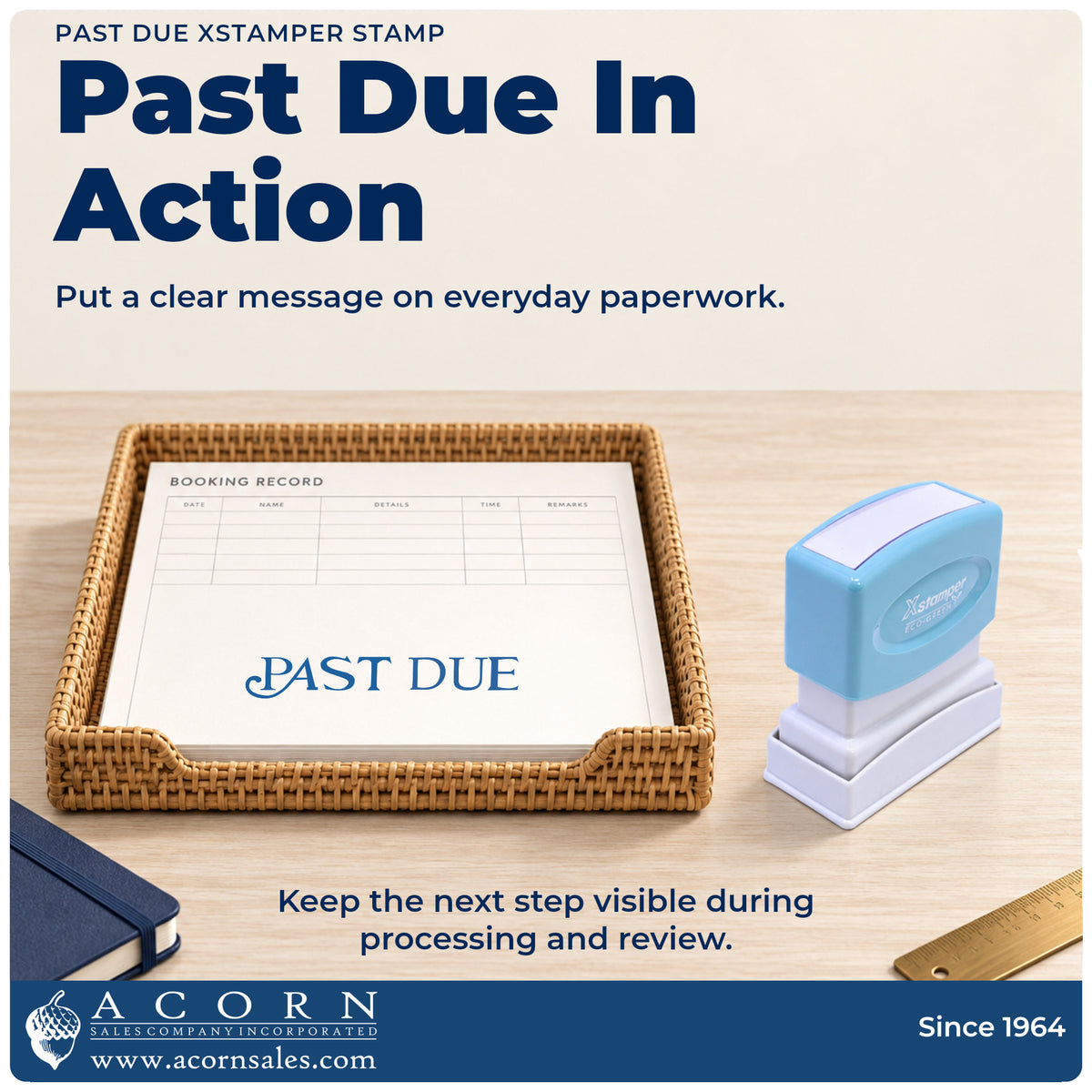 Xstamper Past Due Invoice Stamp being pressed to leave an imprint reading "Past due"