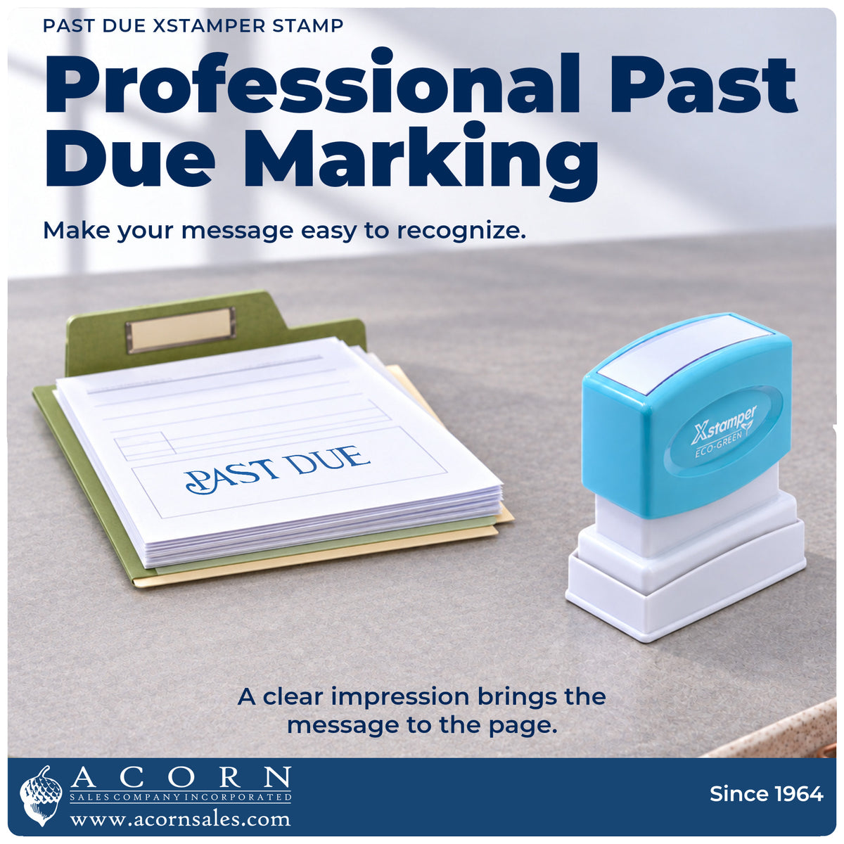 "Past due" imprint on office paperwork beside the Xstamper Past Due Invoice Stamp