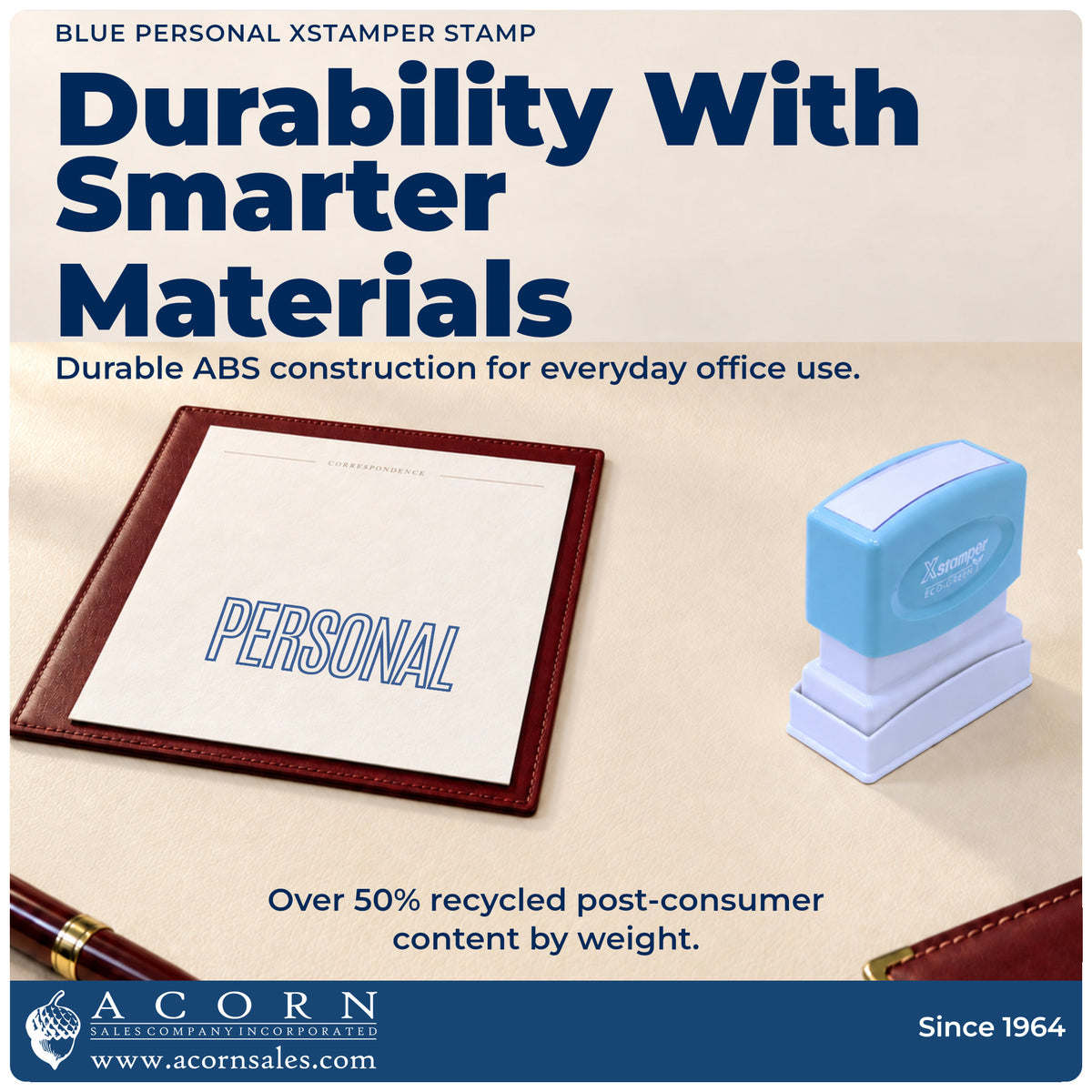 Features of the Personal Correspondence Stamp – Blue Pre-Inked Xstamper: pre-inked Xstamper 1020, 1-5/8 x 1/2 in imprint