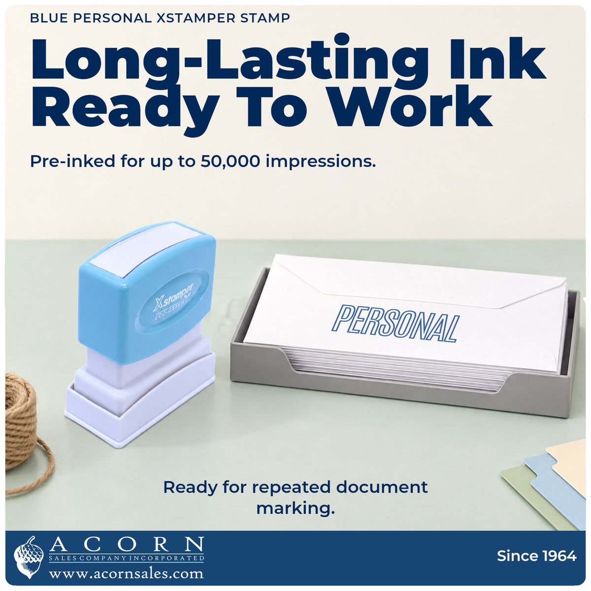 Re-inkable pre-inked build of the Personal Correspondence Stamp – Blue Pre-Inked Xstamper shown in detail