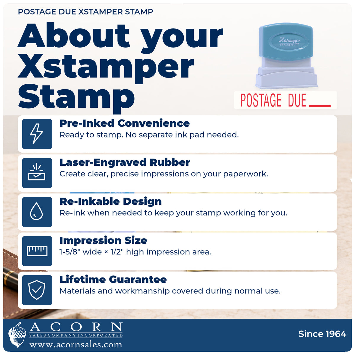 About your Postage Due Envelope Stamp: Xstamper 1080 pre-inked stock stamp facts
