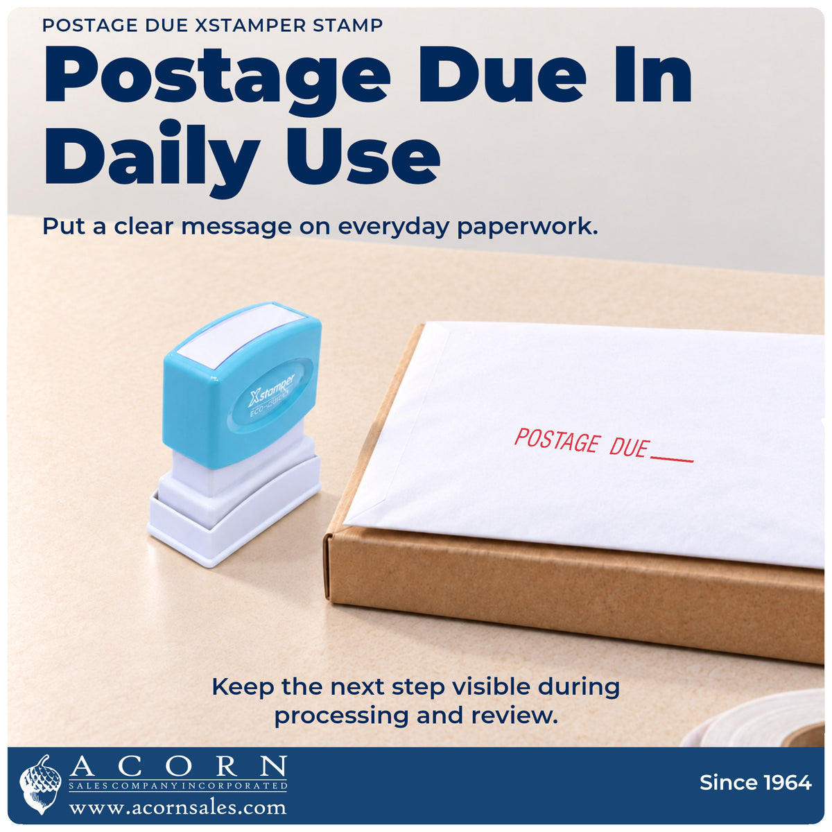 Postage Due Envelope Stamp being pressed to leave an imprint reading "Postage due"