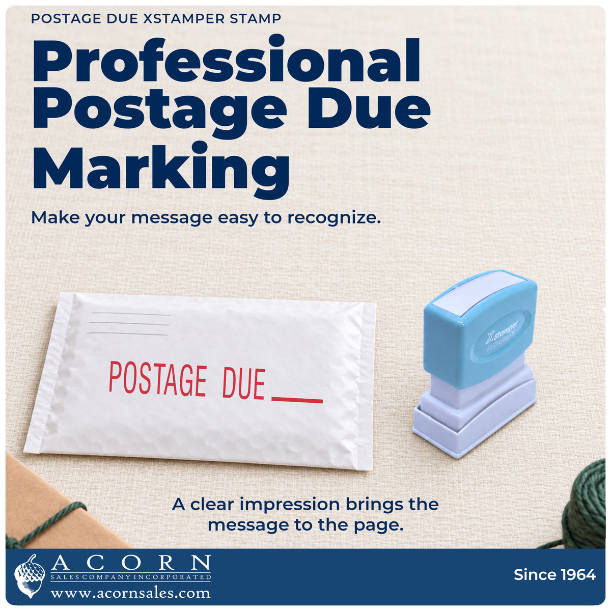 "Postage due" imprint on office paperwork beside the Postage Due Envelope Stamp