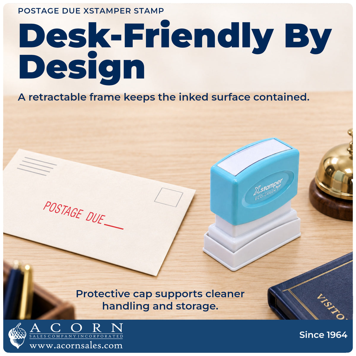 Features of the Postage Due Envelope Stamp: pre-inked Xstamper 1080, 1/2 x 1-5/8 in imprint