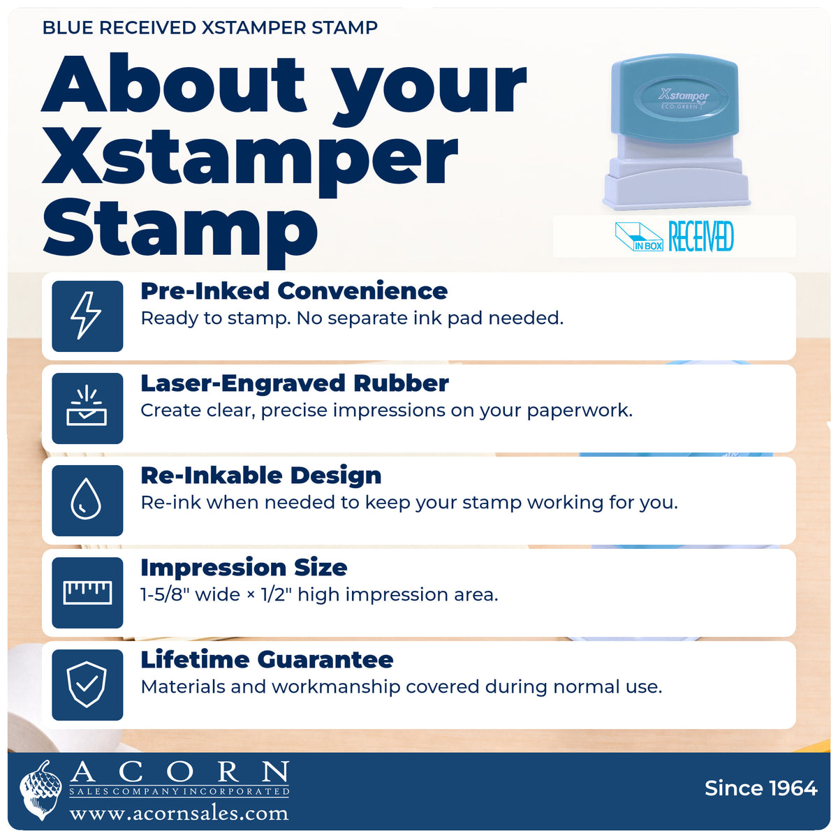 About your Received Stamp – Blue Pre-Inked Xstamper: Xstamper 1823 pre-inked stock stamp facts