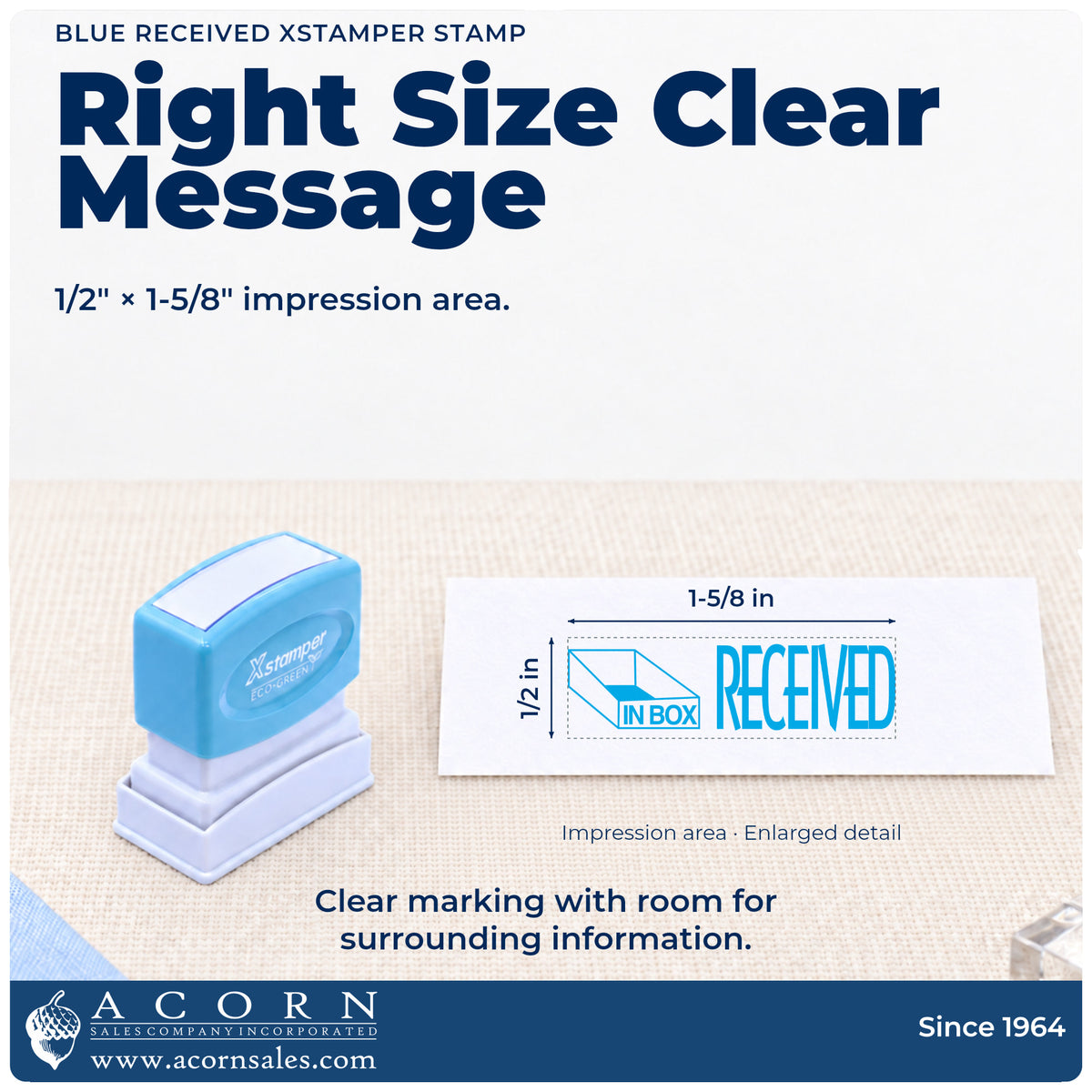 Impression size guide: the "Received" imprint measures 1-5/8 x 1/2 in