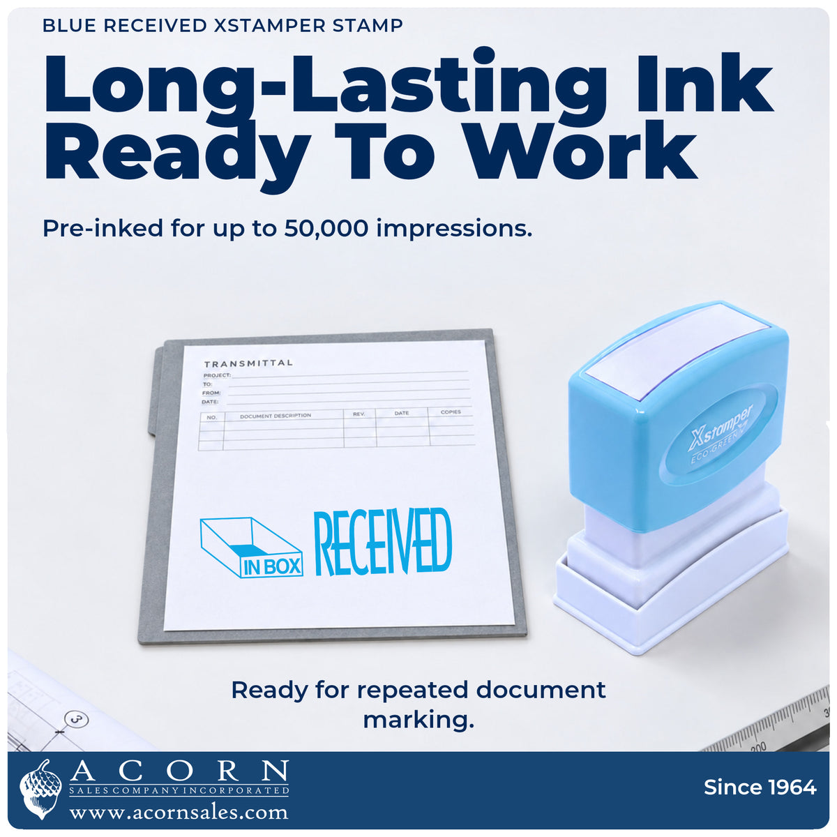 Re-inkable pre-inked build of the Received Stamp – Blue Pre-Inked Xstamper shown in detail