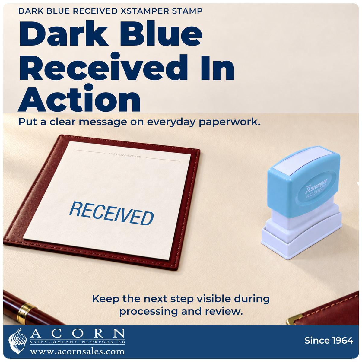 Dark Blue Received Document Stamp being pressed to leave an imprint reading "Received"