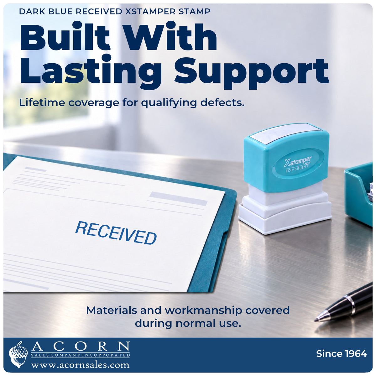 Lifetime guarantee graphic shown with the Dark Blue Received Document Stamp from Acorn Sales