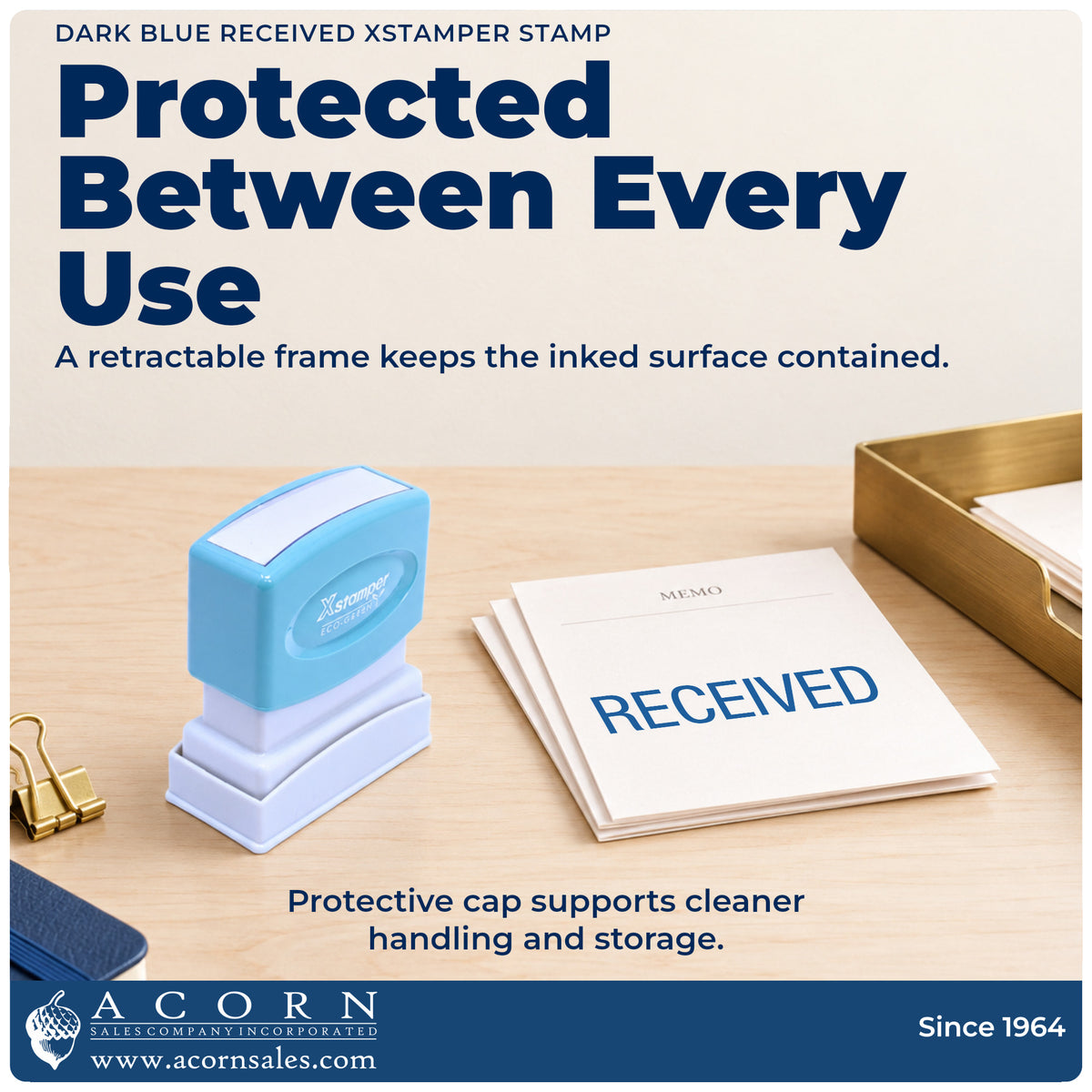 Features of the Dark Blue Received Document Stamp: pre-inked Xstamper 1116, 1/2 x 1-5/8 in imprint