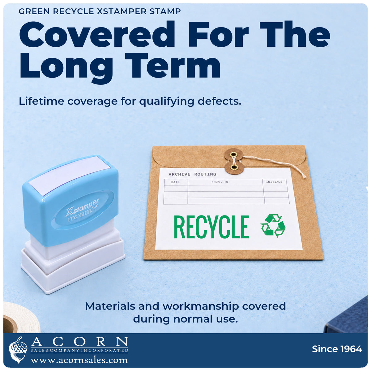 Lifetime guarantee graphic shown with the Green Recycle Instruction Stamp from Acorn Sales