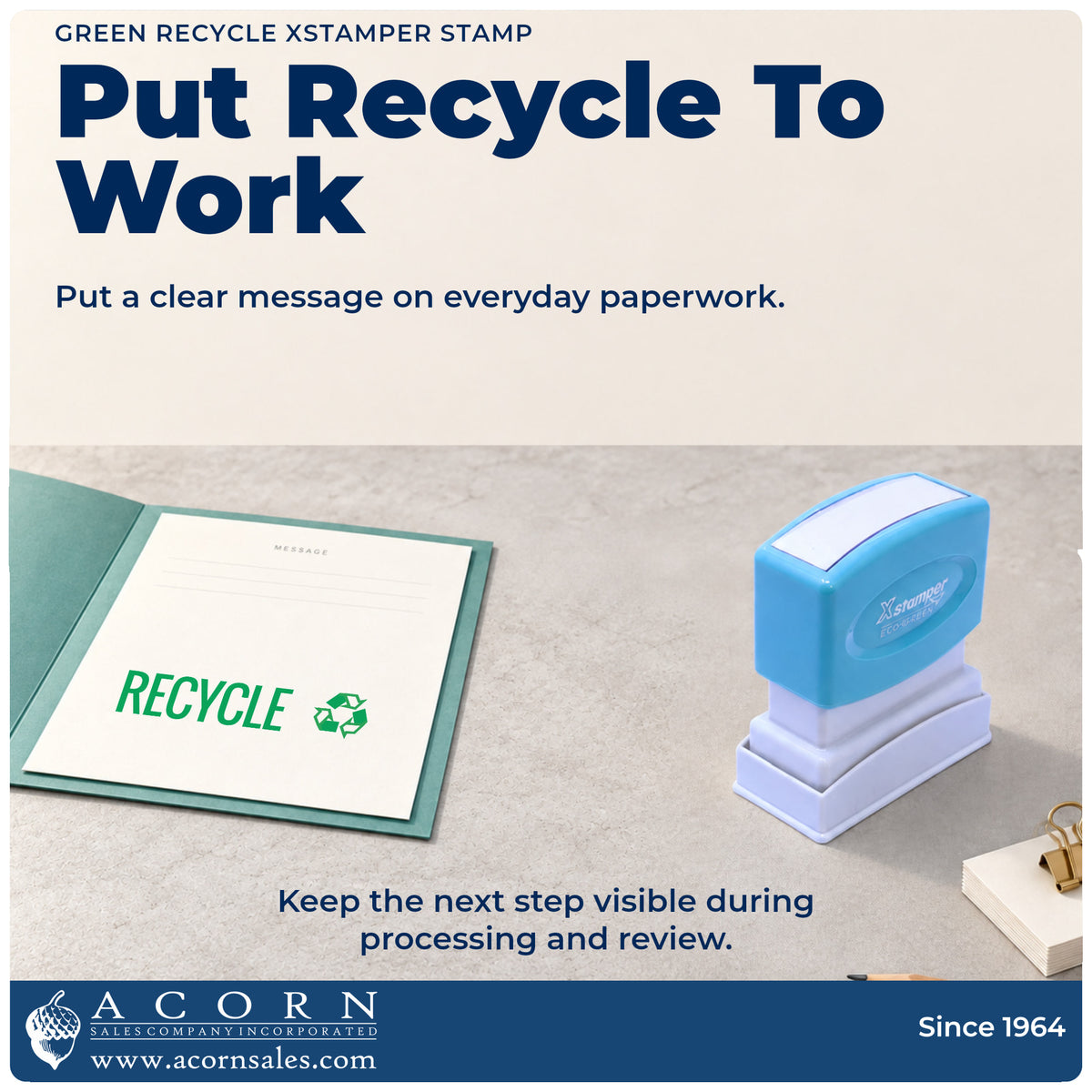 Green Recycle Instruction Stamp being pressed to leave an imprint reading "Recycle"