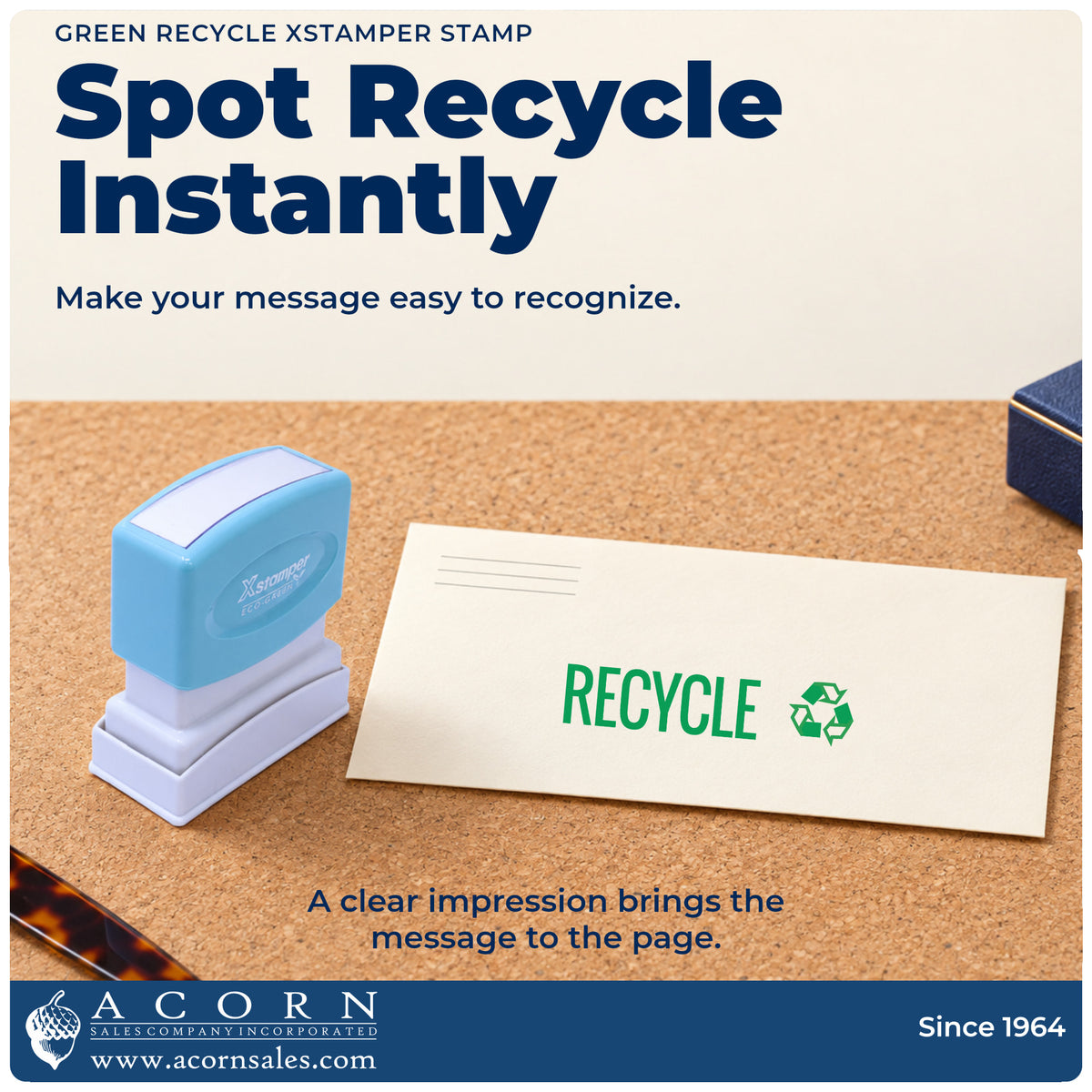 "Recycle" imprint on office paperwork beside the Green Recycle Instruction Stamp