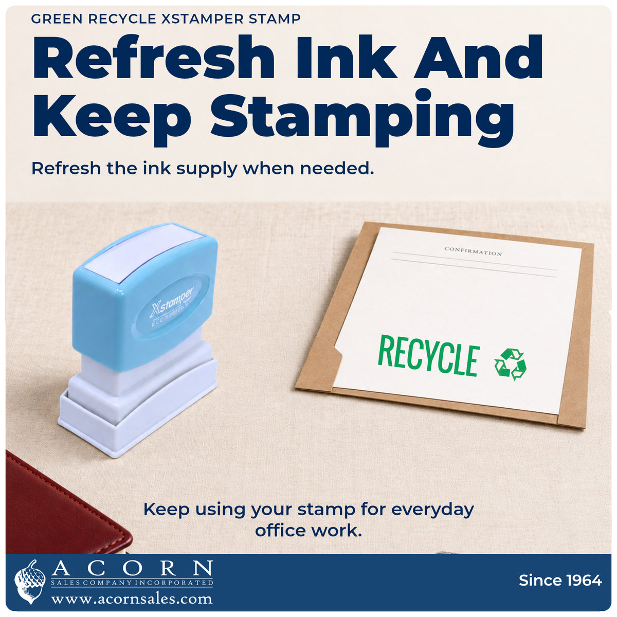 Re-inkable pre-inked build of the Green Recycle Instruction Stamp shown in detail