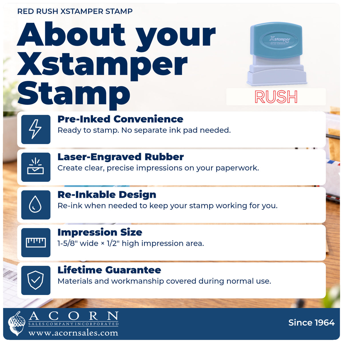 About your Red Rush Stamp: Xstamper 1004 pre-inked stock stamp facts