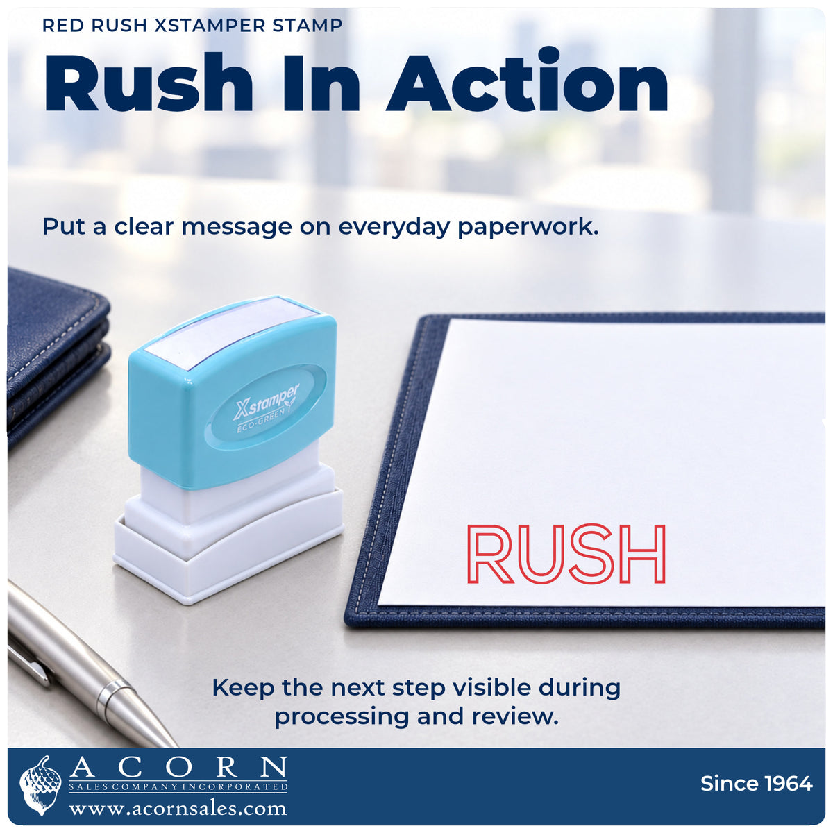 Red Rush Stamp being pressed to leave an imprint reading "Rush"