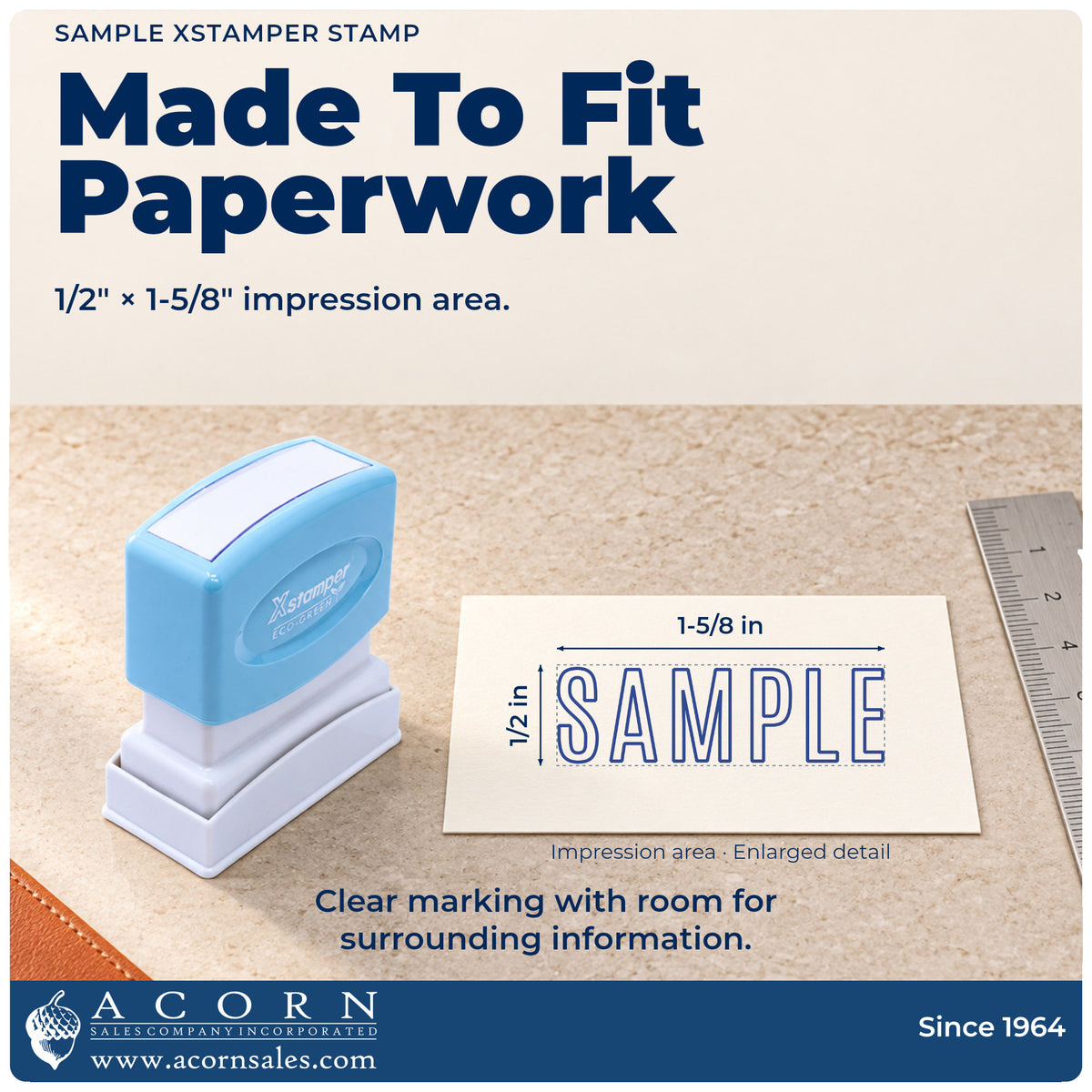 Impression size guide: the "Sample" imprint measures 1/2 x 1-5/8 in