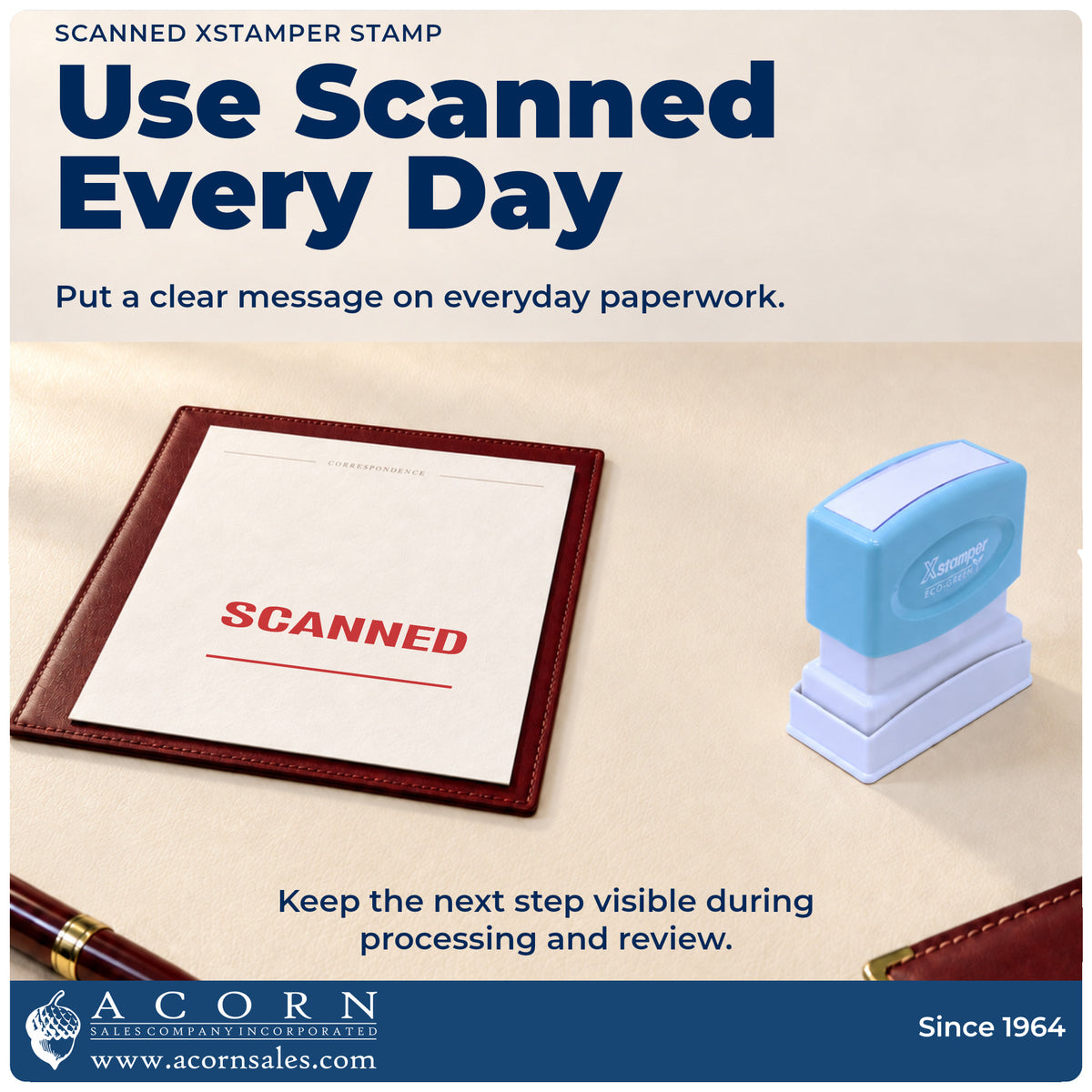 Xstamper Scanned Stamp being pressed to leave an imprint reading "Scanned"
