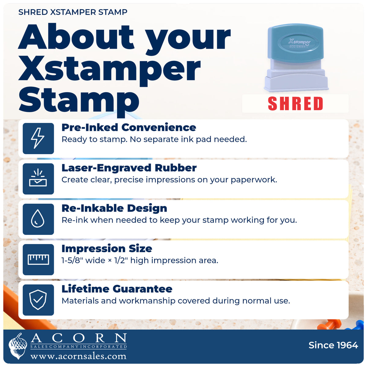 About your Shred Stamp: Xstamper 1365 pre-inked stock stamp facts