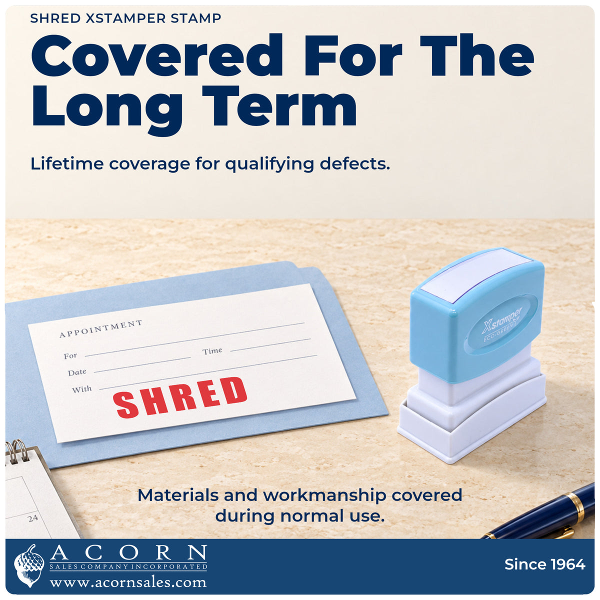 Lifetime guarantee graphic shown with the Shred Stamp from Acorn Sales