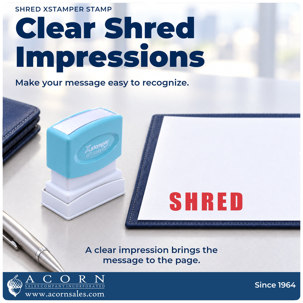 "Shred" imprint on office paperwork beside the Shred Stamp