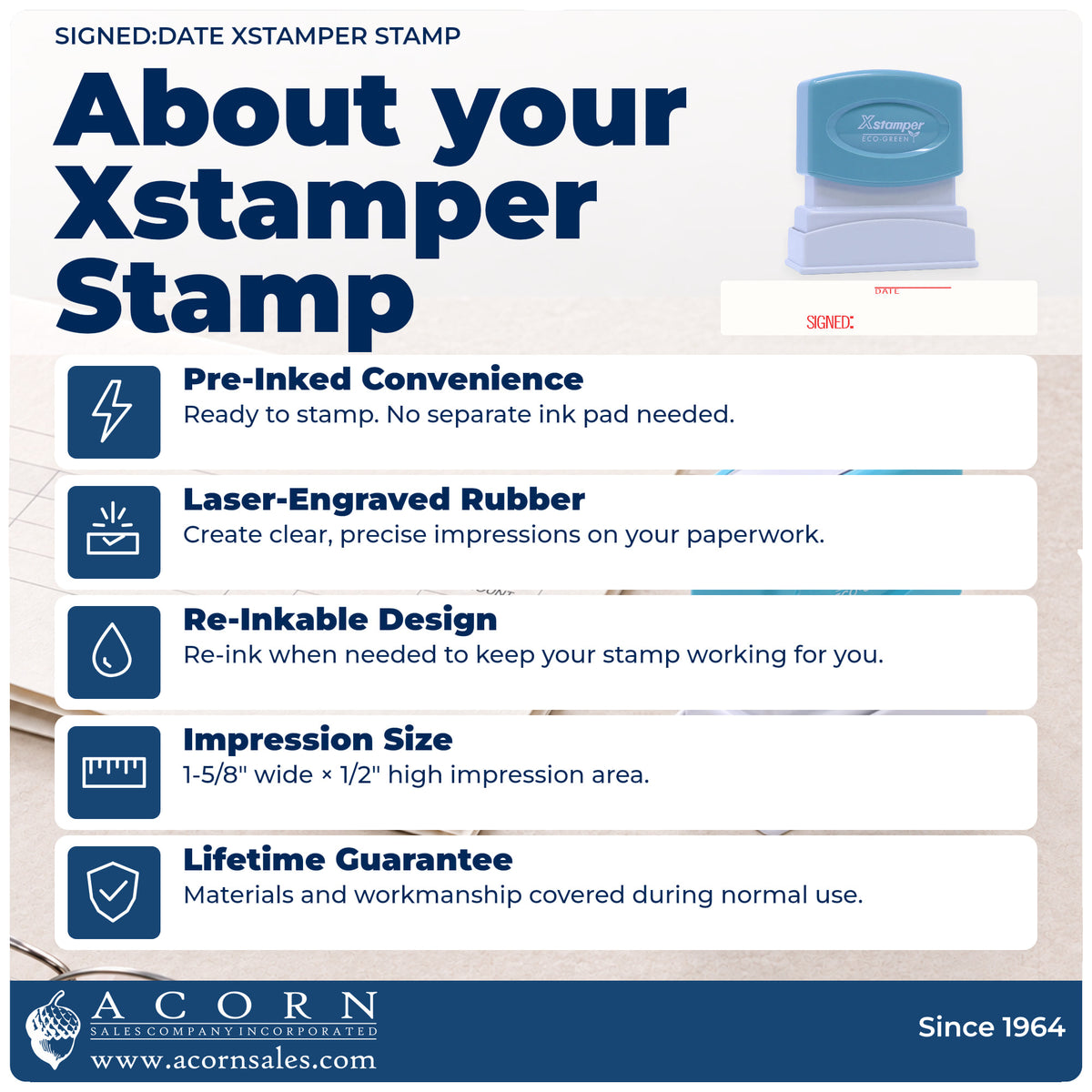 About your Signed: Date Text Stamp: Xstamper 1826 pre-inked stock stamp facts