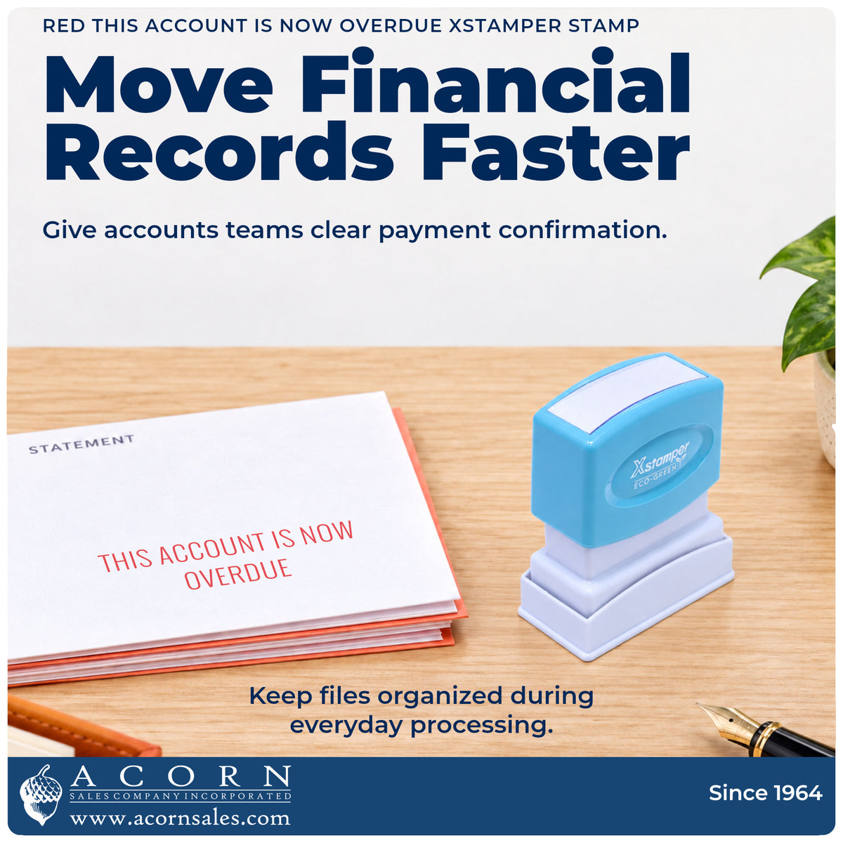 Office workflow showing where the "This account is now overdue" stamp marks documents