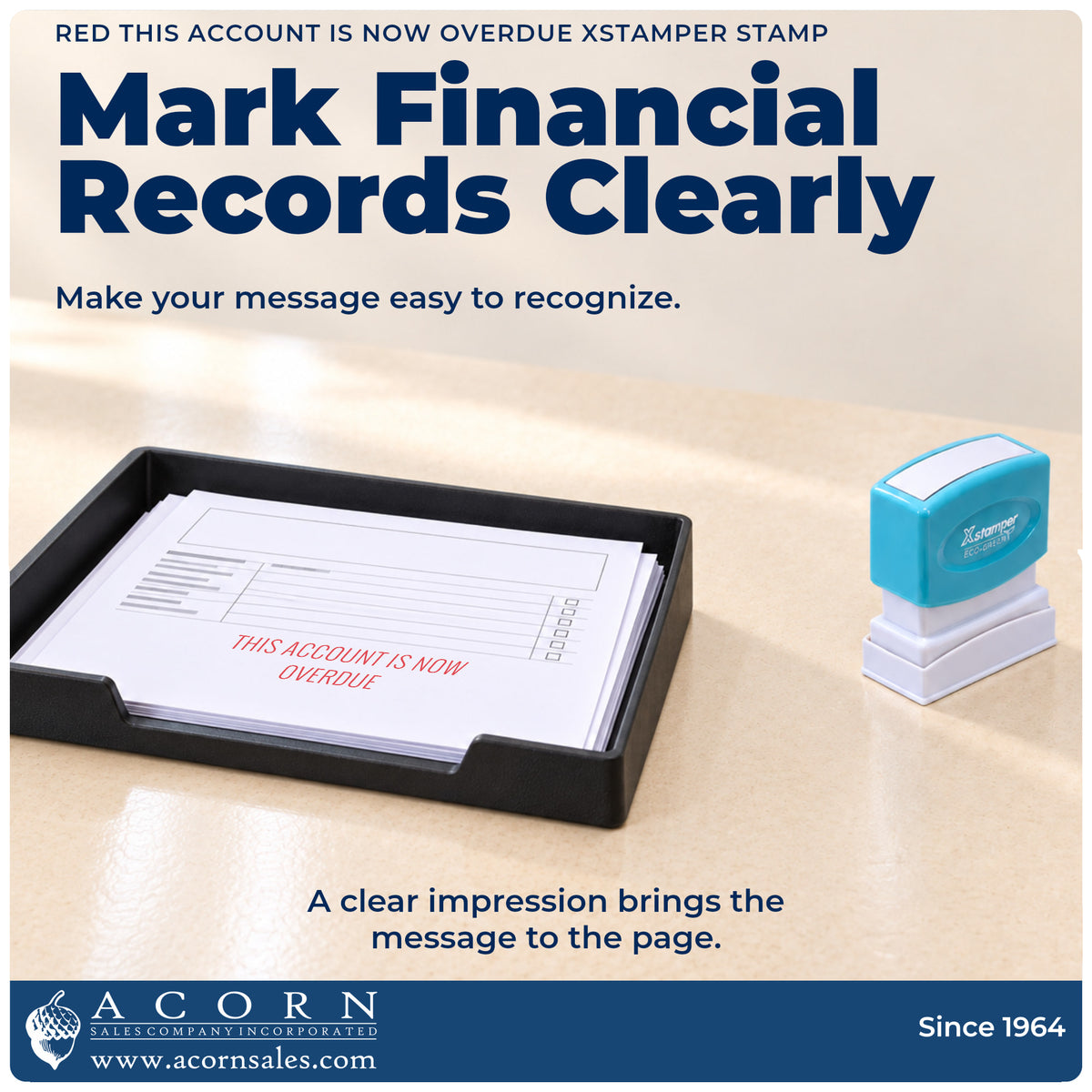"This account is now overdue" imprint on office paperwork beside the Red This Account Is Now Overdue Invoice Stamp