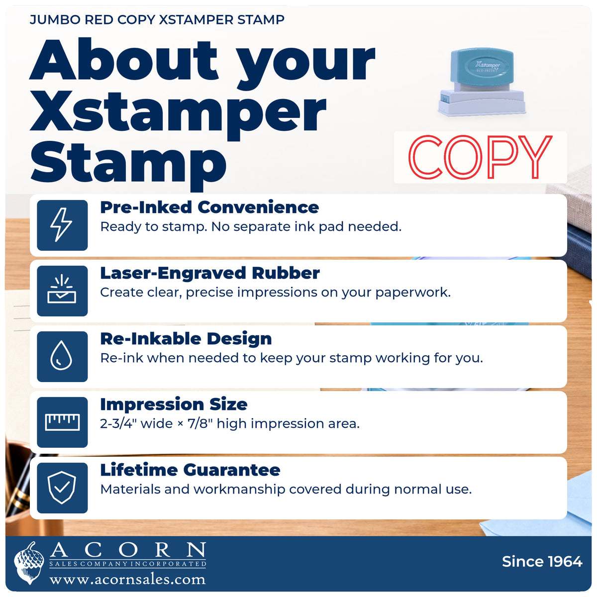 About your Jumbo Red Copy Stamp: Xstamper 3278 pre-inked stock stamp facts