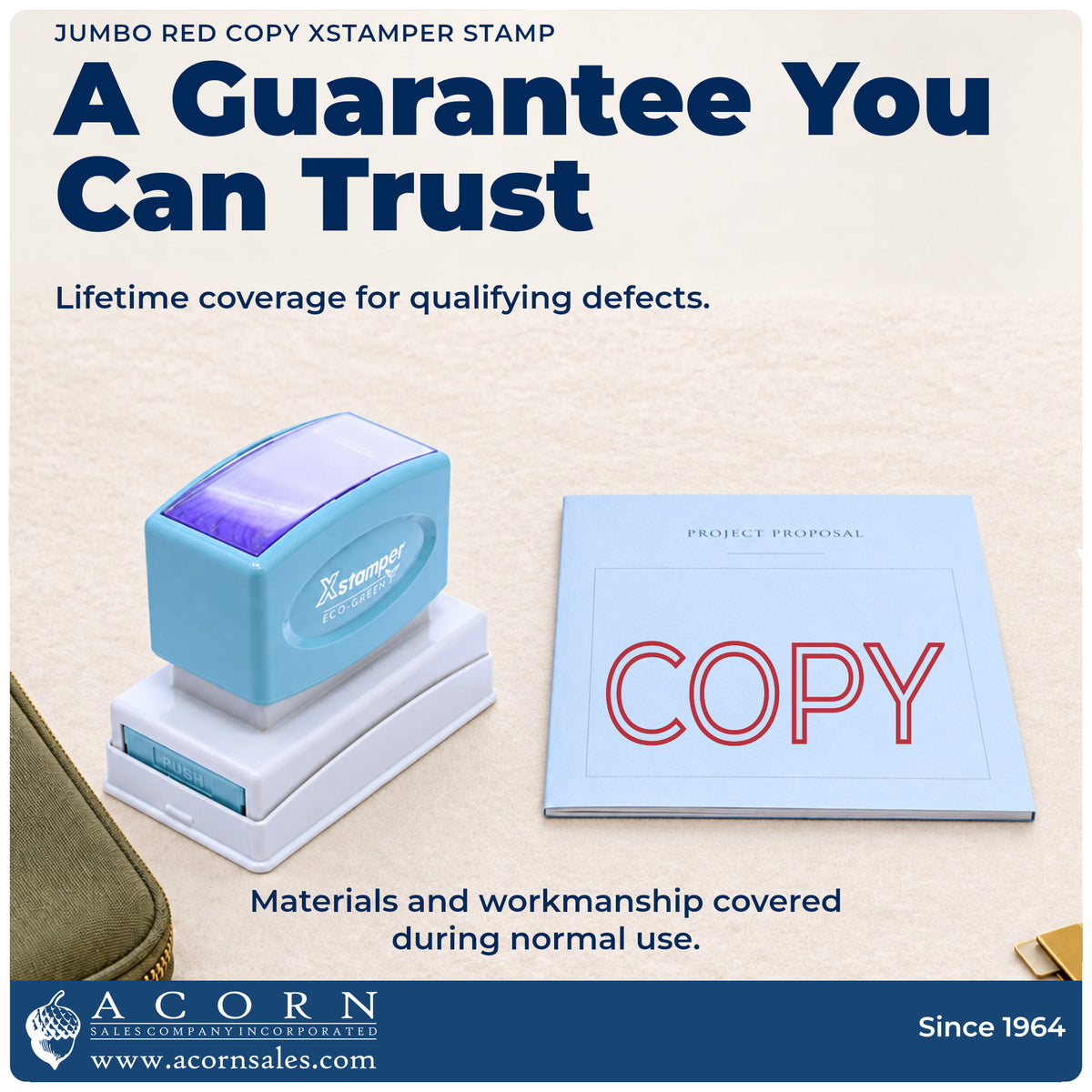 Lifetime guarantee graphic shown with the Jumbo Red Copy Stamp from Acorn Sales