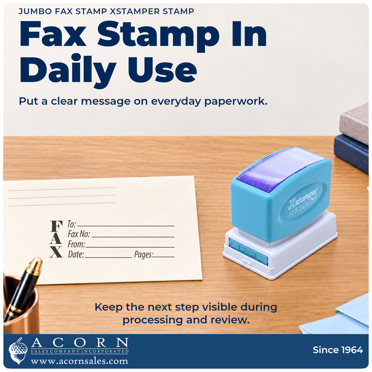 Fax Stamp – Jumbo Pre-Inked Xstamper being pressed to leave an imprint reading "Fax stamp"