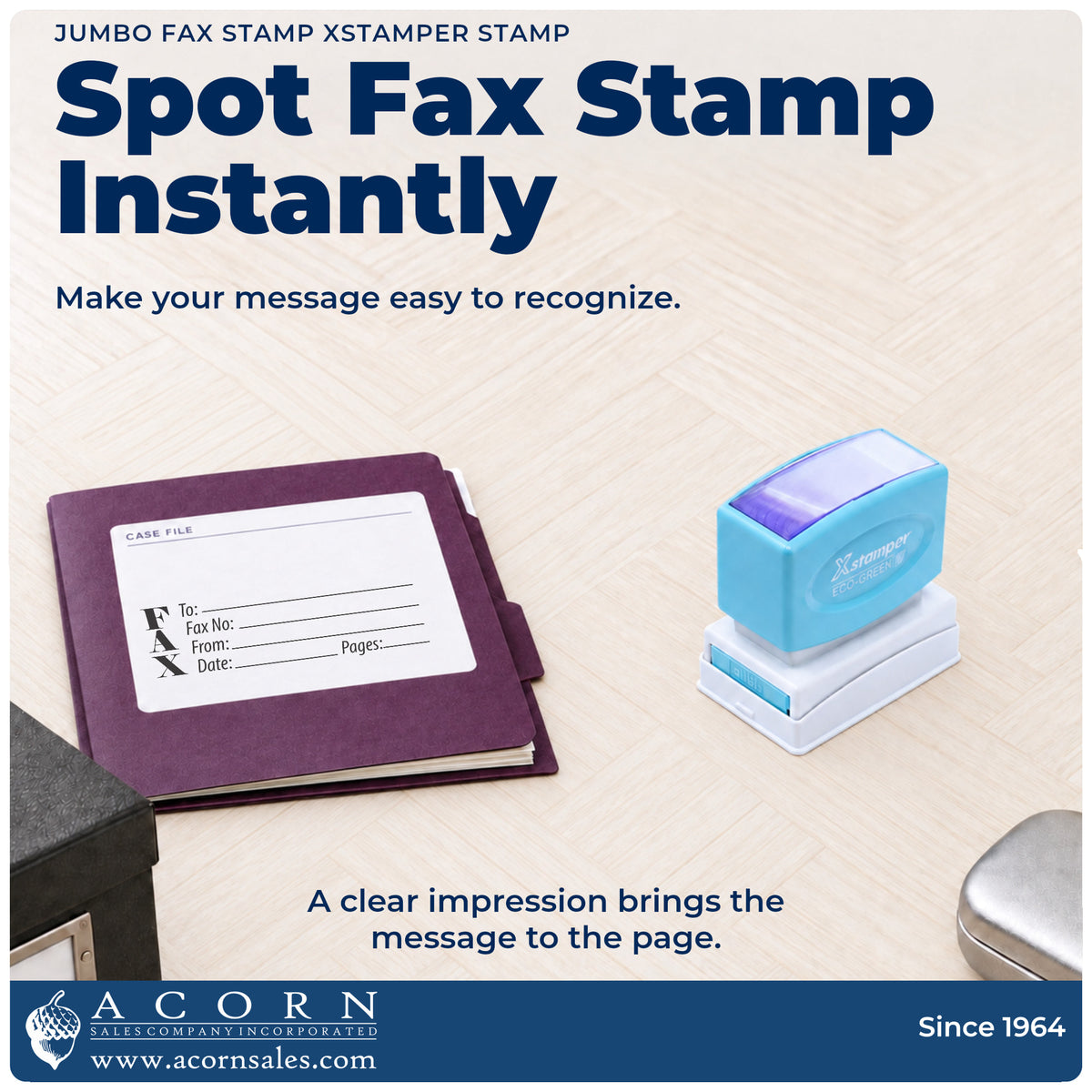 "Fax stamp" imprint on office paperwork beside the Fax Stamp – Jumbo Pre-Inked Xstamper