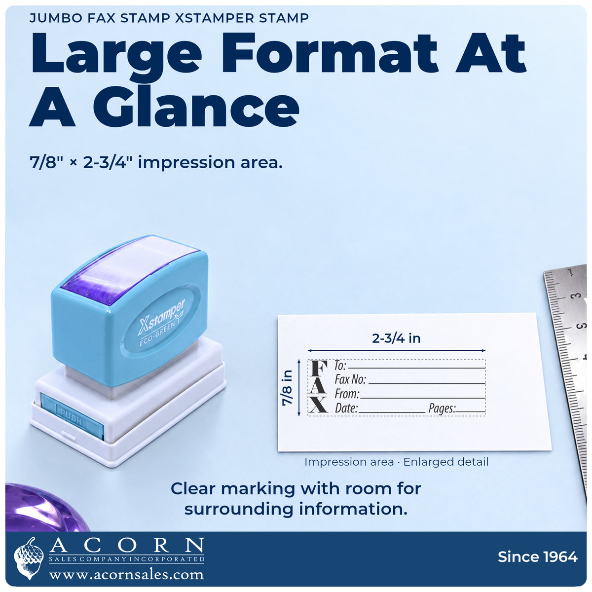Impression size guide: the "Fax stamp" imprint measures 7/8 x 2-3/4 in