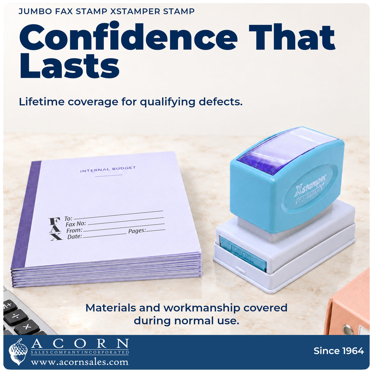 Lifetime guarantee graphic shown with the Fax Stamp – Jumbo Pre-Inked Xstamper from Acorn Sales