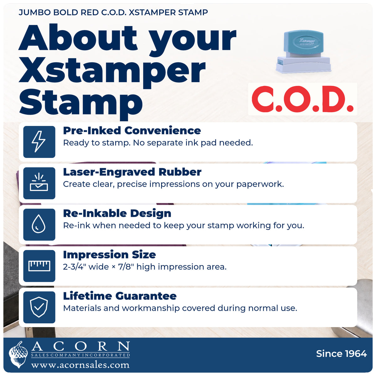 About your C.O.D. Payment Stamp – Jumbo Bold Red Pre-Inked Xstamper: Xstamper 2026 pre-inked stock stamp facts