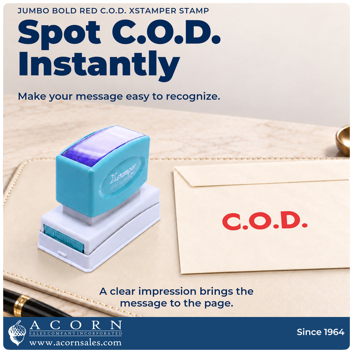 "C.O.D." imprint on office paperwork beside the C.O.D. Payment Stamp – Jumbo Bold Red Pre-Inked Xstamper
