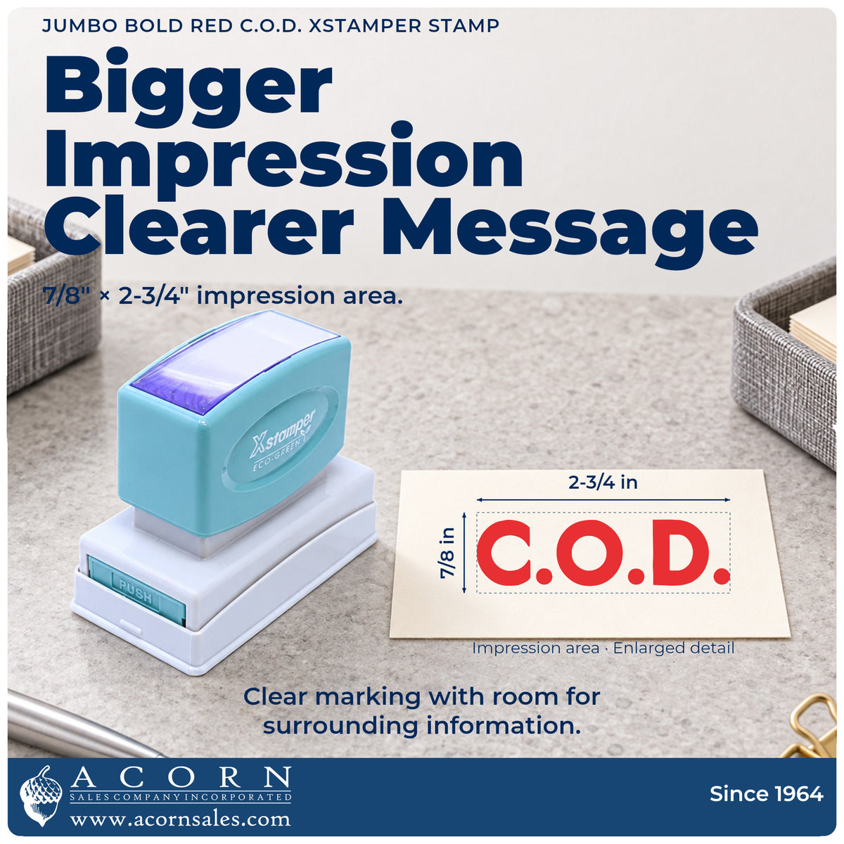 Impression size guide: the "C.O.D." imprint measures 7/8 x 2-3/4 in