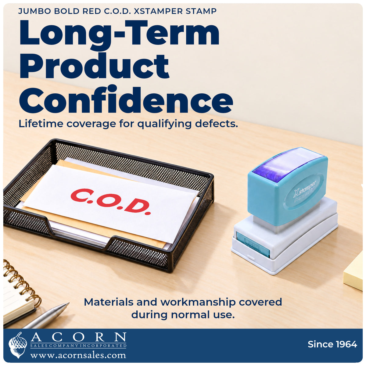 Lifetime guarantee graphic shown with the C.O.D. Payment Stamp – Jumbo Bold Red Pre-Inked Xstamper from Acorn Sales