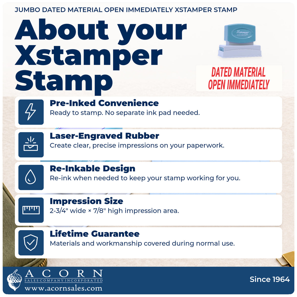 About your Jumbo Dated Material Open Immediately Mailing Stamp: Xstamper 3247 pre-inked stock stamp facts