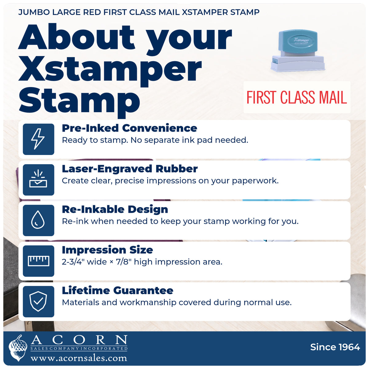 About your First Class Mail Document Stamp – Jumbo Red Pre-Inked Xstamper: Xstamper 3239 pre-inked stock stamp facts