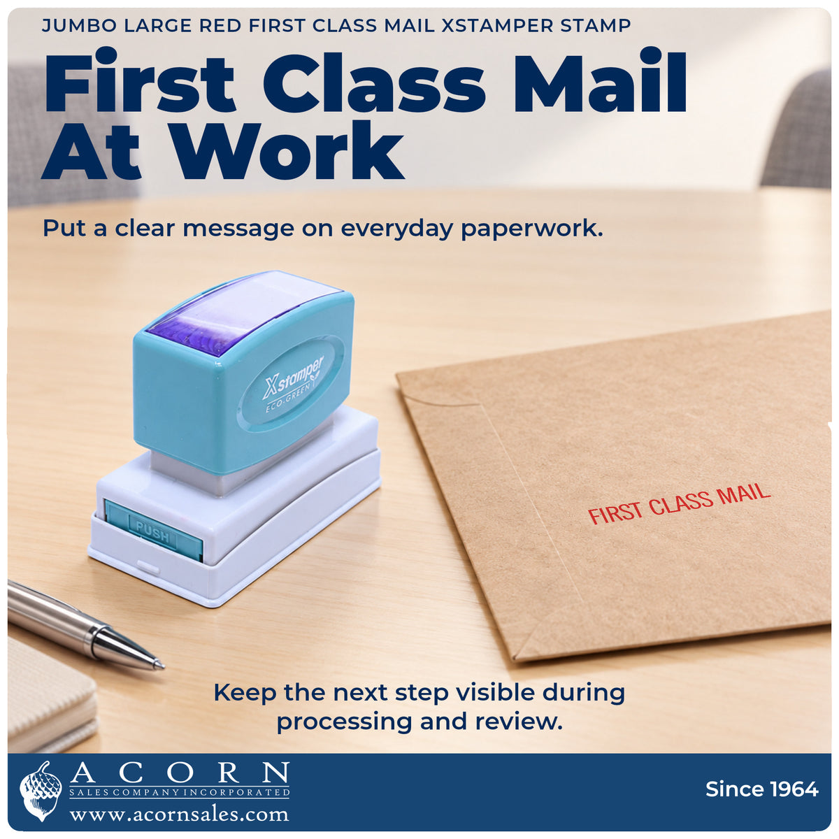 First Class Mail Document Stamp – Jumbo Red Pre-Inked Xstamper being pressed to leave an imprint reading "First class mail"