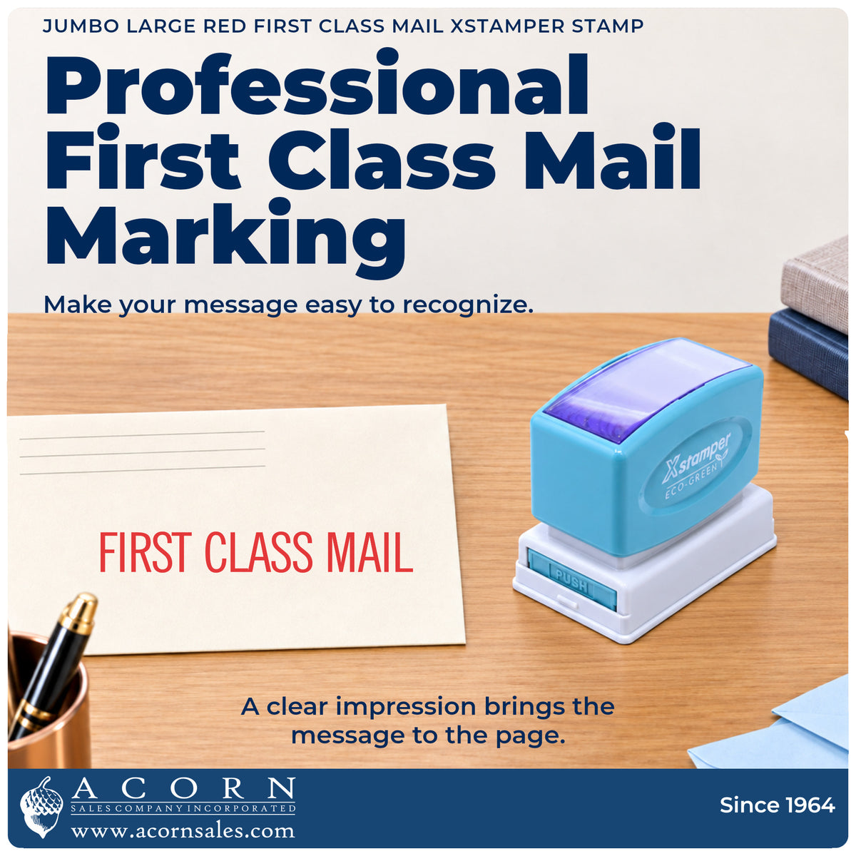 "First class mail" imprint on office paperwork beside the First Class Mail Document Stamp – Jumbo Red Pre-Inked Xstamper