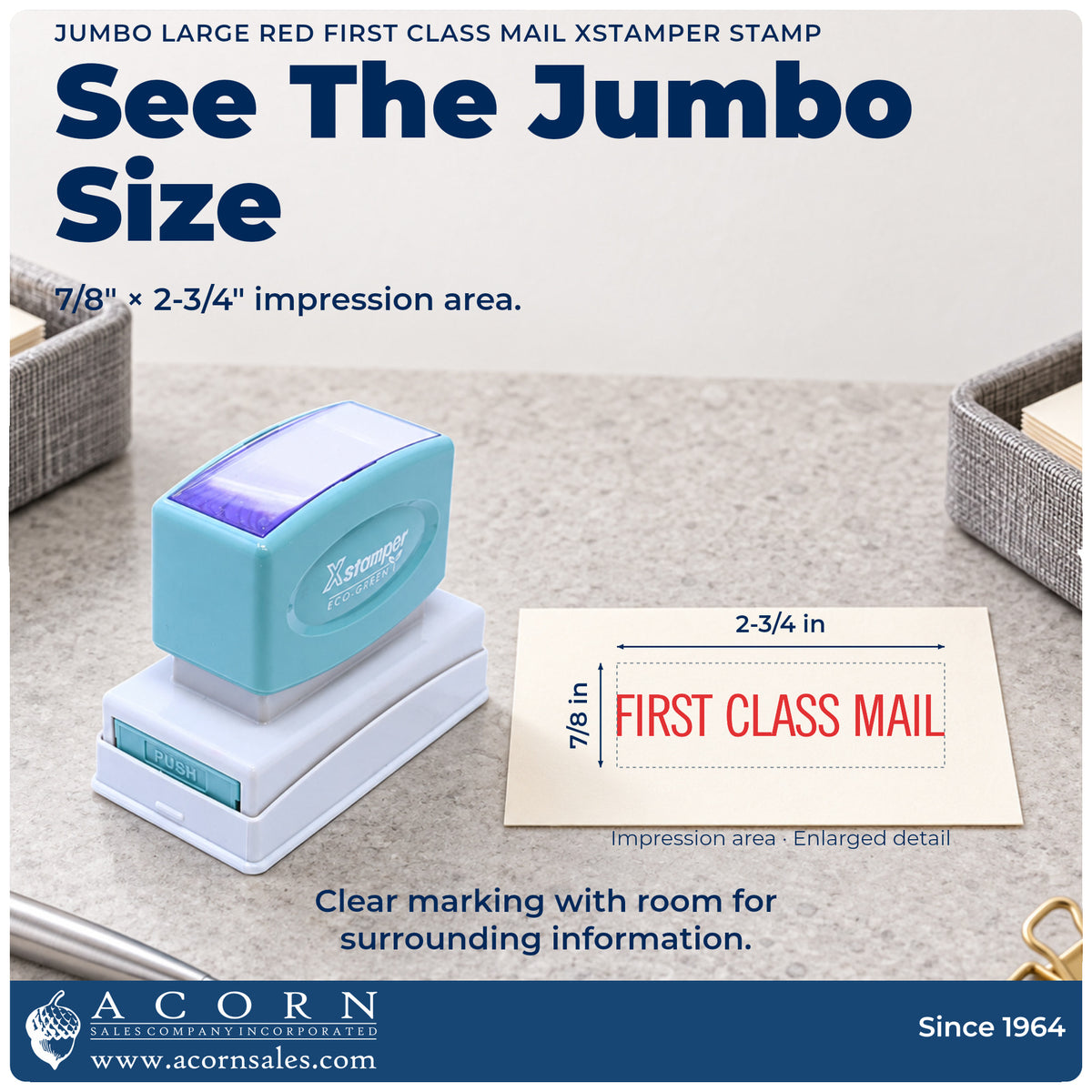 Impression size guide: the "First class mail" imprint measures 2-3/4 x 7/8 in