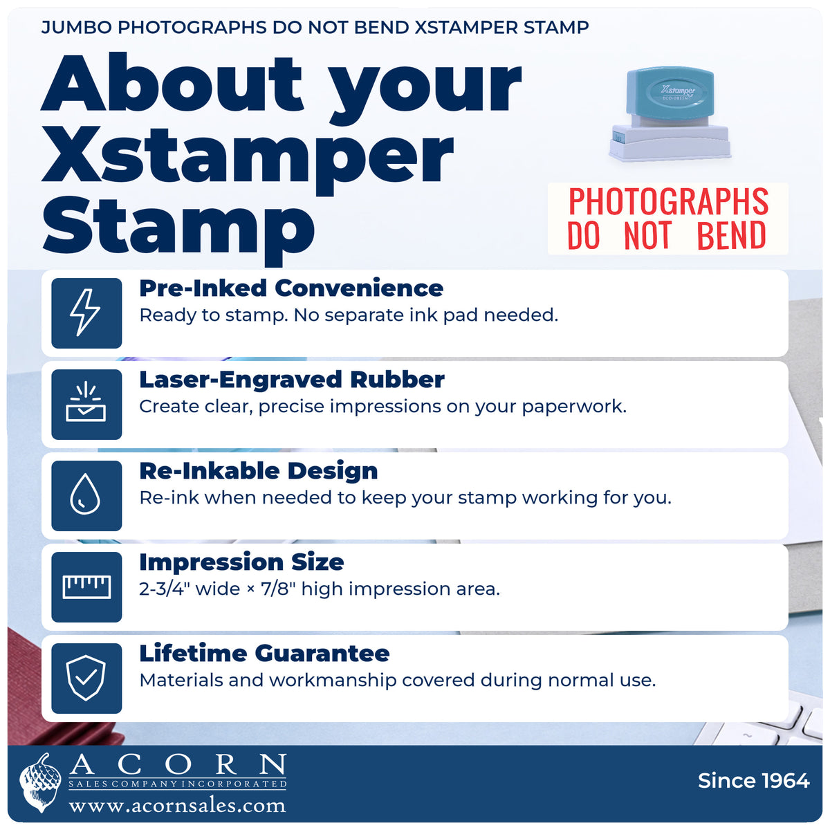 About your Jumbo Photographs Do Not Bend Mailing Stamp: Xstamper 3242 pre-inked stock stamp facts