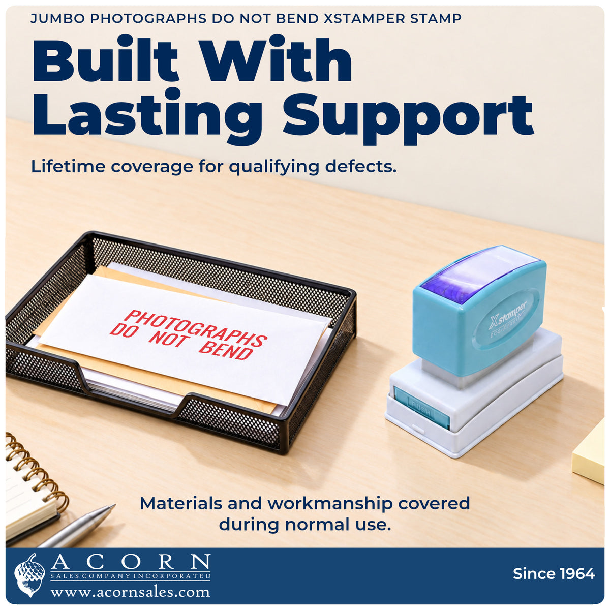 Lifetime guarantee graphic shown with the Jumbo Photographs Do Not Bend Mailing Stamp from Acorn Sales
