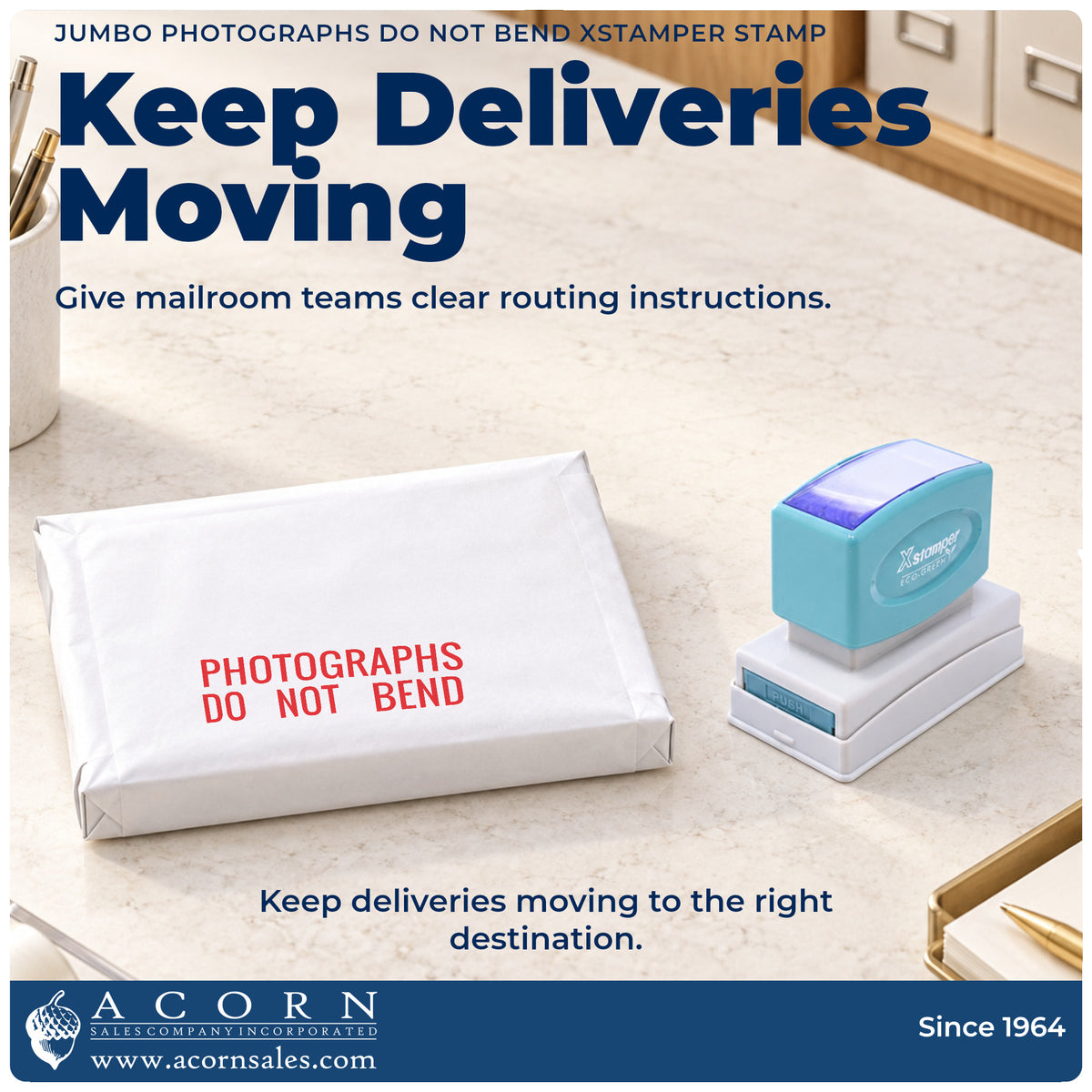 Office workflow showing where the "Photographs do not bend" stamp marks documents