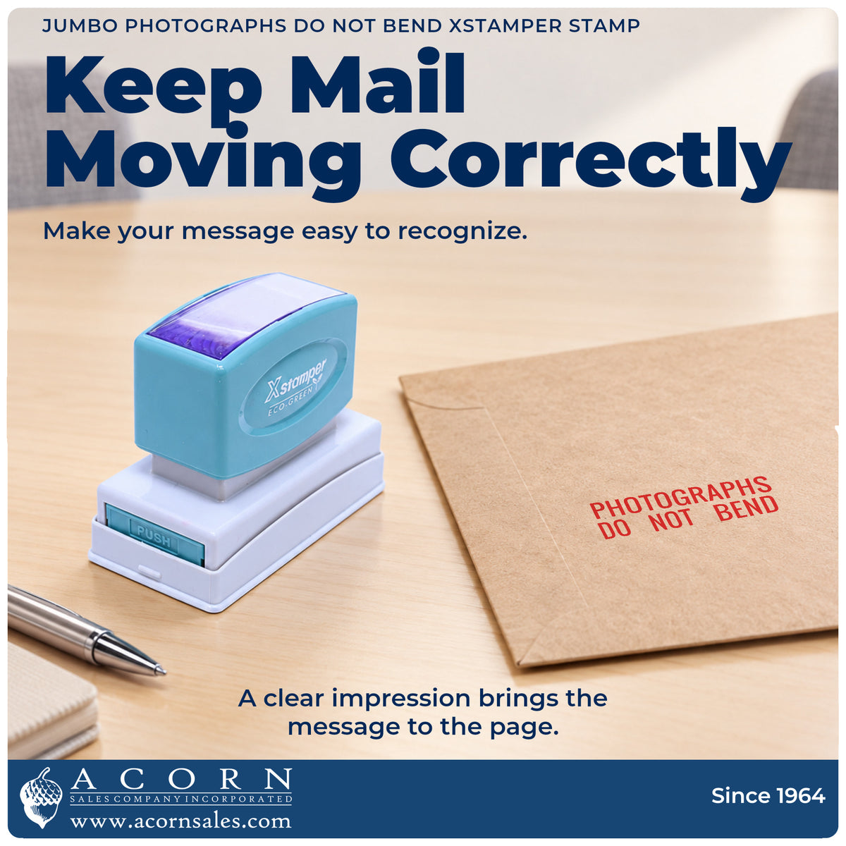 "Photographs do not bend" imprint on office paperwork beside the Jumbo Photographs Do Not Bend Mailing Stamp