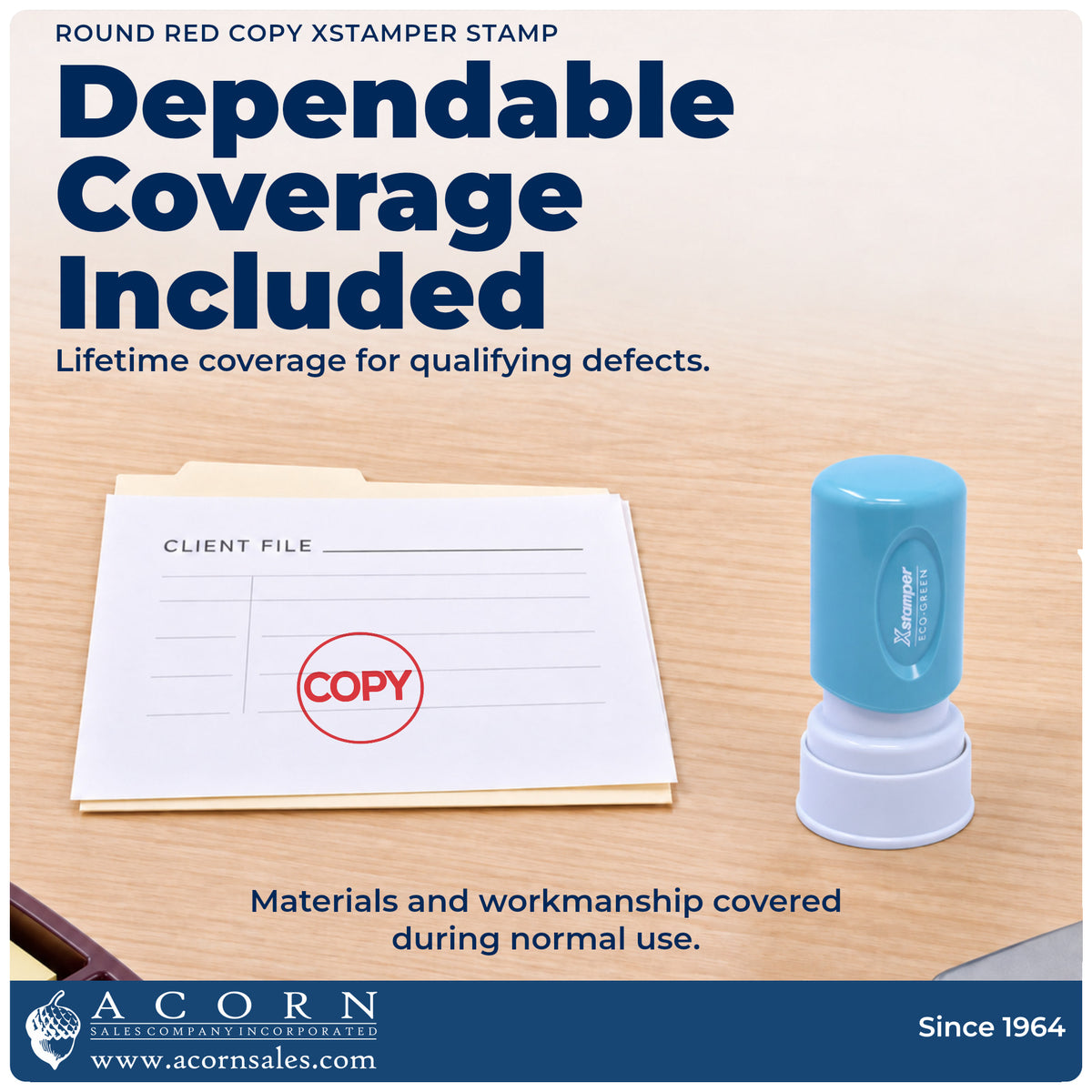 Lifetime guarantee graphic shown with the Copy Stamp – Round Red Pre-Inked Xstamper from Acorn Sales