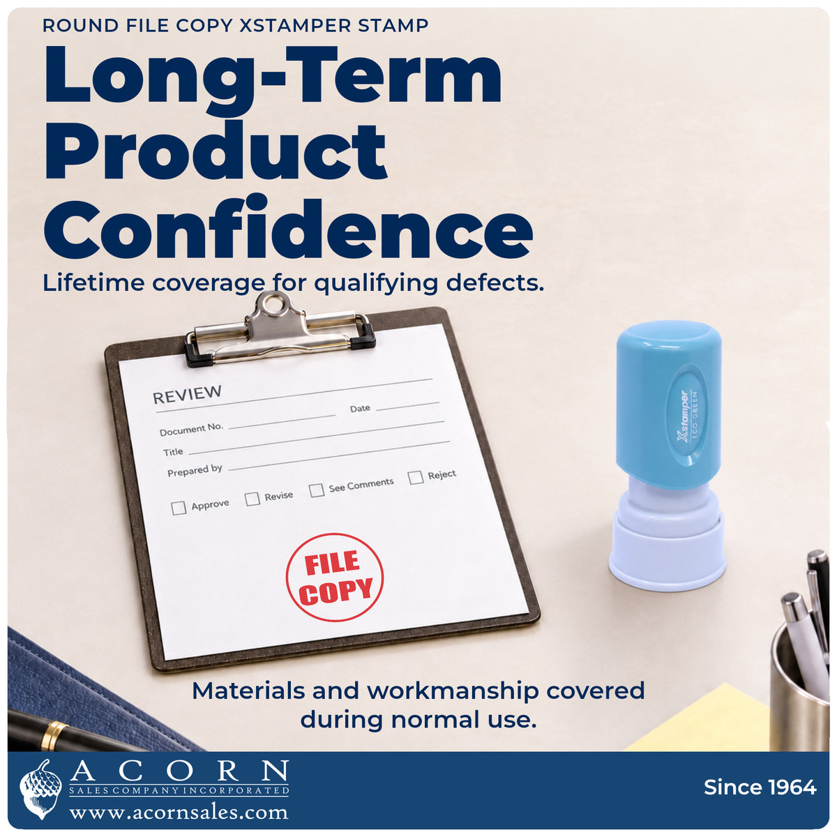 Lifetime guarantee graphic shown with the Round File Copy Stamp from Acorn Sales